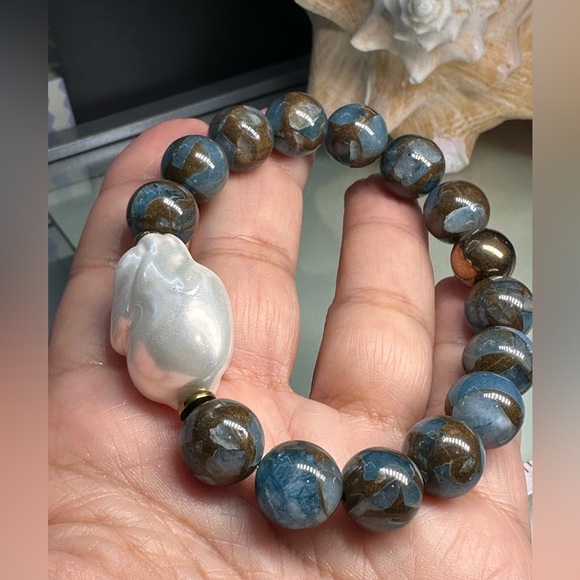 CLOISONNÉ JASPER + BAROQUE MOP  NATURAL STONES BRACELET size 7” - Picture 6 of 9